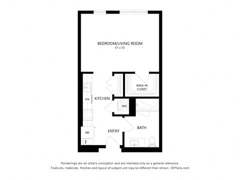 Floor plan for studio, 1 bath, 561 sqft